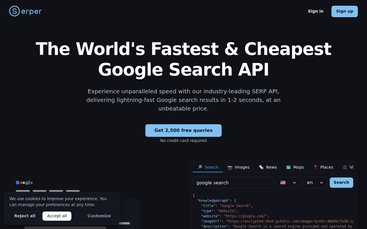 Serper kostenlose SERP-API Plan- und Preisseite